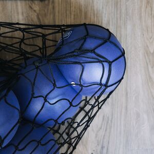 kleine Gymnastikbälle in einem Ballnetz.